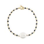 Pulseira prata dourada pérola com cristais (azul safira)