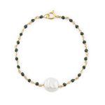 Pulseira prata dourada pérola com cristais (verde escuro)