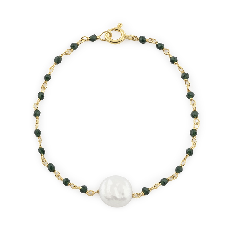 379A Pulseira prata dourada pérola com cristais (verde escuro) - Image 1