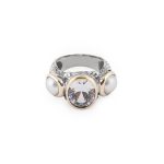 Anel prata oxidada com ouro 9kts,cristal de rocha e pérolas barrocas