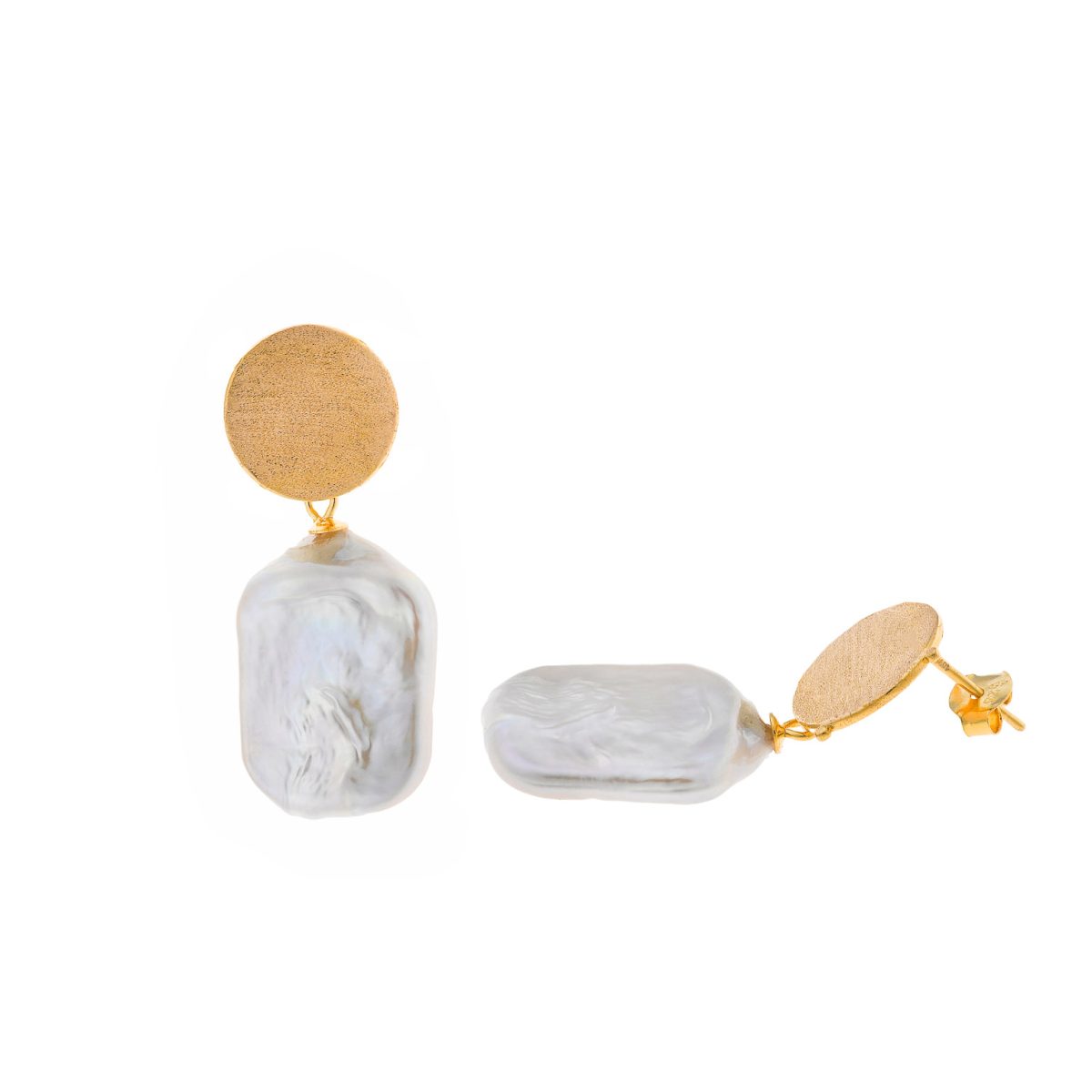 Brincos prata dourada e pérola barroca quadrada (Genuine pearls) - Image 1